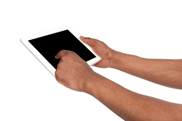 Holding and pointing to blank screen on tablet