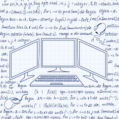 Information technology vector seamless pattern with programming code and computer device, handwritten on grid copybook paper