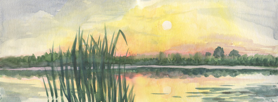  Evening landscape. Panorama of the river. Watercolor painting