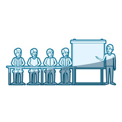 blue color silhouette shading with men group sitting in a desk for executive male in presentacion business people vector illustration