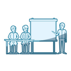 blue color silhouette shading with pair of man sitting in a desk for executive lecturer in presentacion business people vector illustration