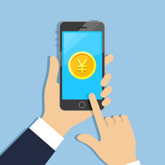 Hands holding phone with yen coin icon on screen