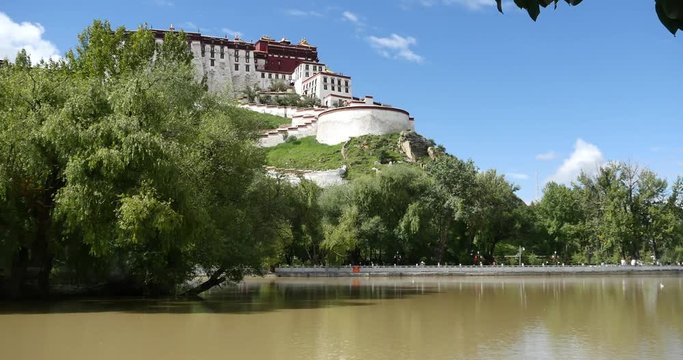 4k Potala in Lhasa,Tibet.lake with willow in lasa park.