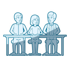 blue color silhouette shading of teamwork of woman and men sitting in desk vector illustration