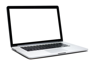 Laptop computer white screen and white background isolated