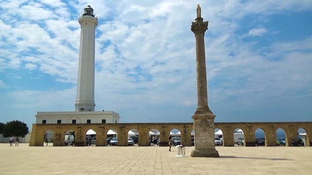 The panoramic sanctuary of Santa Maria di Leuca in Salento, in the background the lighthouse. Puglia, Italy