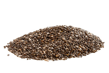 Heap of chia seeds isolated on white.