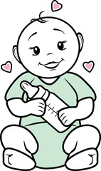Baby with a bottle in his hands. Icon for baby food
