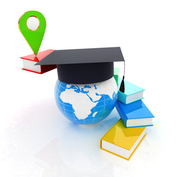 Books around the Earth and pointer. Education and navigation concept. 3d render