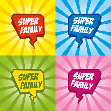 Superhero family logo, pop art background