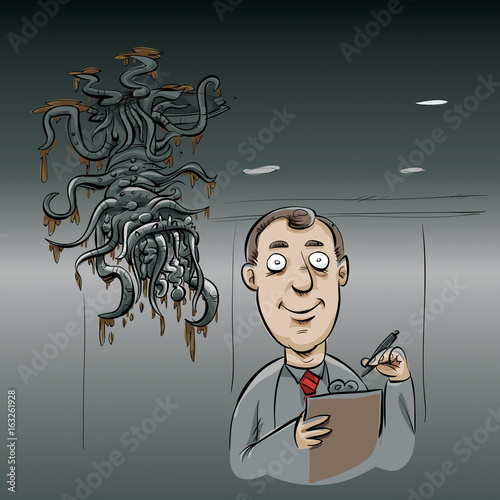 A Cartoon Of A Strange Mutant Creature Dropping Down From A