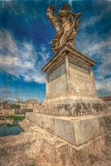 Old photo with statue of Agnel from Angel's Bridge, in front of castle San Angelo