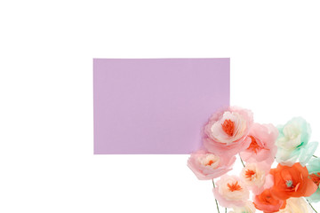 Blank purple placard with decorative handmade flowers isolated on white