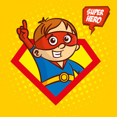 Superhero character boy logo, pop art background