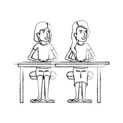 blurred silhouette couple of women sitting in desk one with short hair and the other with long wavy hair vector illustration