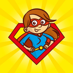 Superhero character woman logo, pop art background