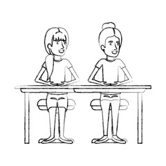 blurred silhouette women sitting in desk one with collected hair and the other with ponytail hairstyle vector illustration