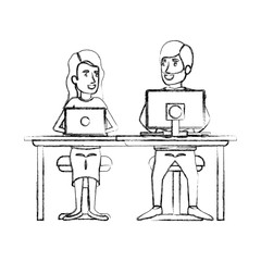 blurred silhouette teamwork of couple sitting in desk with tech device and woman with wavy long hair and bearded man in formal suit vector illustration