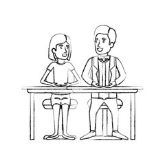 blurred silhouette teamwork of couple sitting in desk and woman with short hair and man side parted hair in formal suit vector illustration
