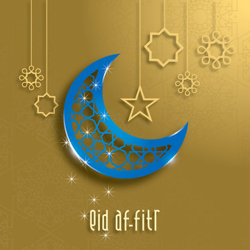 Eid mubarak greeting card design in islamic decoration. Geometry art, Crescent moon and Arabic lantern. Eid Al-Fitr - Glorious month of Muslim year.