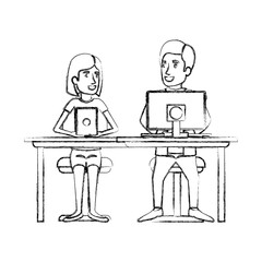 blurred silhouette teamwork of couple sitting in desk with device and woman with short hair and man side parted hair in formal suit vector illustration