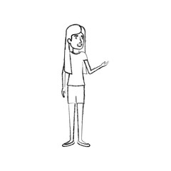 blurred silhouette of woman standing with long straight hair in t-shirt and short vector illustration