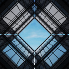 Obraz premium Abstract building wire frame structure design modern minimal Black steel frame surrounded by black glass. View center up the sky - 3D render