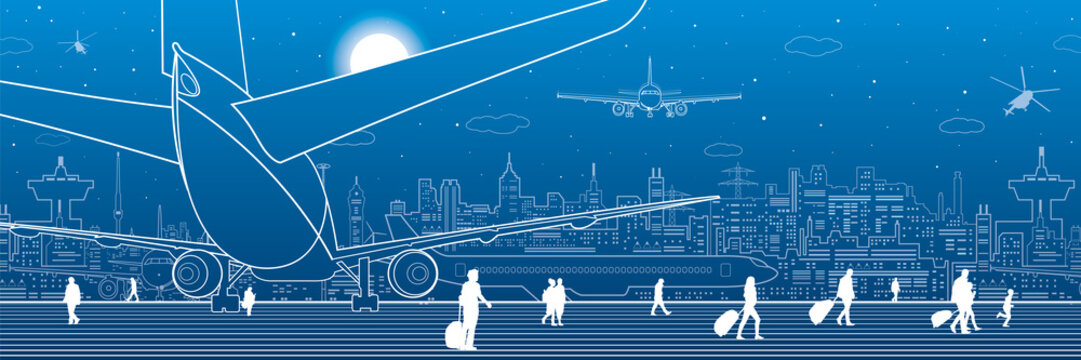 Airport scene. The plane is on the runway. Aviation transportation infrastructure. Airplane fly, people get on the plane. Night city on background, vector design art