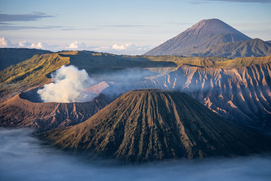 Bromo, Semeru, and Batok volcano mountain in a morning, East Java, Indonesia