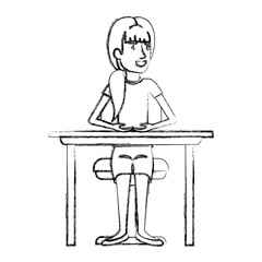 blurred silhouette of woman with ponytail hair and sitting in chair in desktop vector illustration