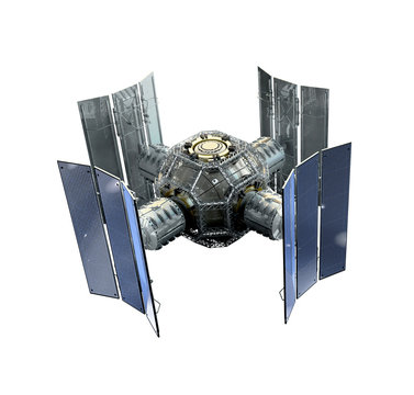 3D Illustration of a space station satellite flying over Earth with reflective solar panels and an interchangeable modular structure, with isolation path included in file, on white.
