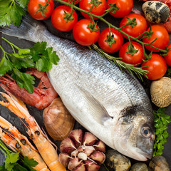 Fresh dorado fish and seafood