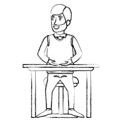 blurred silhouette of bearded man in formal suit and hair side parted and sitting in chair in desktop vector illustration