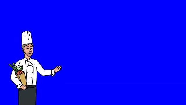 Animated Character Chef or Cook stands in the foreground and says, smooth contour, blue screen