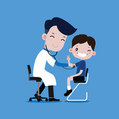 Boy smiles when the doctor checks the body. vector cartoon