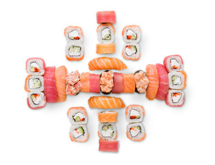 Set of sushi, maki and rolls isolated on white background