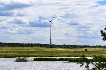 Landschaft im Spreewald , mit See , Feldern und Windrad