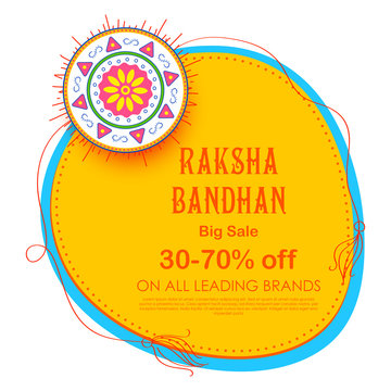 Sale and promotion banner poster with Decorative Rakhi for Raksha Bandhan, Indian festival of brother and sister bonding celebration