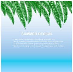 Obraz premium Summer seamless design background with green palm leaves on blue, Lorem Ipsum stock vector illustration