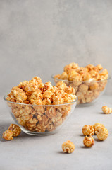 Homemade Caramel Popcorn, selective focus, copy space