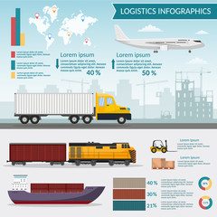 Logistics infographic elements and transportation concept vector web banners of train, cargo ship, Air export cargo trucking Freight Storage goods
