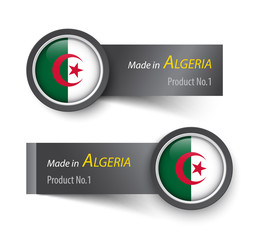 Flag icon and label with text made in Algeria .