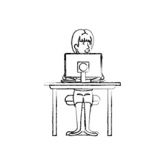 blurred silhouette of woman with ponytail hair and sitting in chair in desk with computer device vector illustration