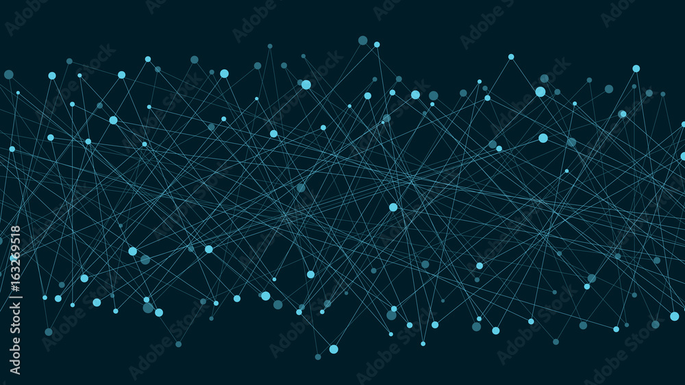 Poster abstract futuristic background of connected lines and dots. neon lines are blue. movement of element