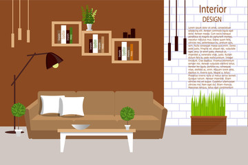 The interior of the living room. Room with a sofa, lamp, plants, books, table. Cartoon. Vector illustration. Flat design.