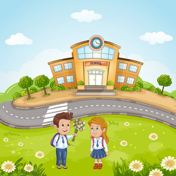 Illustration of students in front of school building