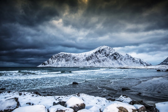 Brunstranda beach in winter, Flakstad, Lofoten, Nordland, Norway