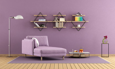 Purple living room with chaise lounge and shelves