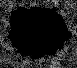 Abstract black and white decorative frame with curling figured shapes. Decorative endless texture