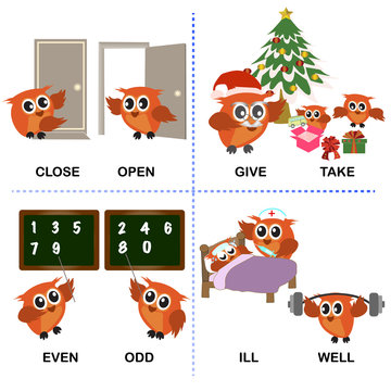 opposite word text and background for preschool (close open give take even odd ill well). vector illustration.